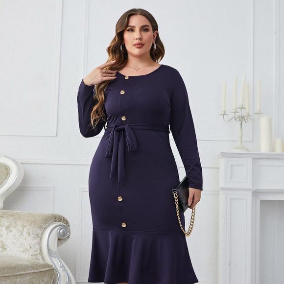 Melo Apparel Plus Size Buttoned Round Neck Tie Belt Midi Dress - Picture 1 of 7
